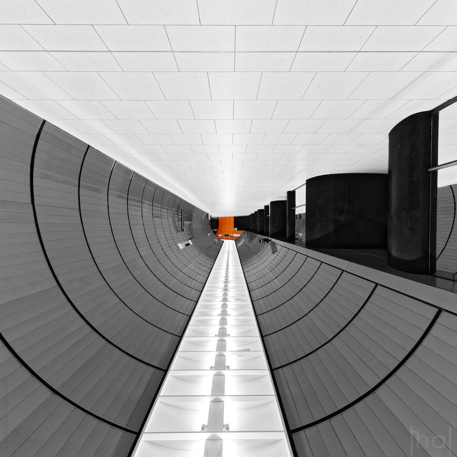 Reverse artistic photography of a Berlin subway corridor